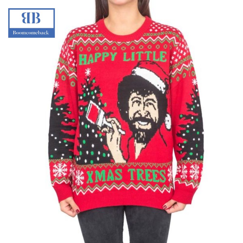 Bob Ross Happy Little Xmas Trees Ugly Christmas Sweater