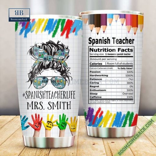 Personalized Spanish Teacher Nutrition Facts Steel Tumbler