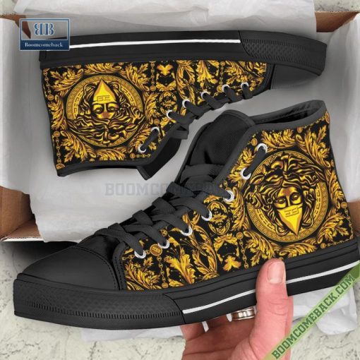 Versace Luxury Black Gold High Top Canvas Shoes Sneaker Style 02