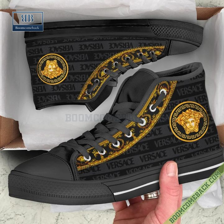 Versace Luxury Black Gold High Top Canvas Shoes Sneaker Style 03