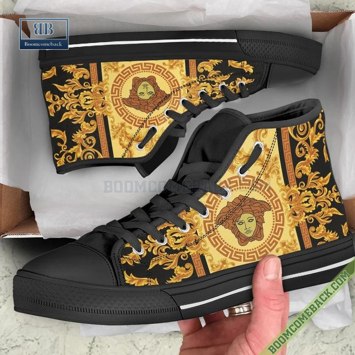 Versace Luxury Black Gold High Top Canvas Shoes Sneaker Style 07