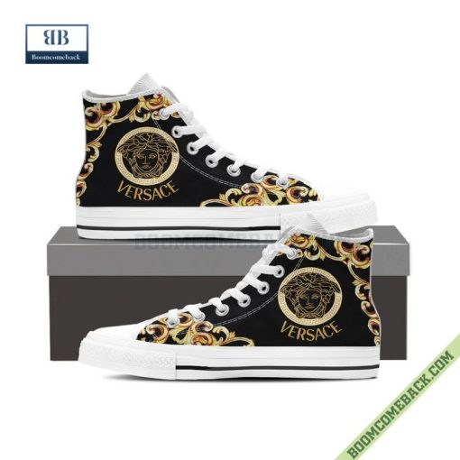 Versace Luxury Black Gold High Top Canvas Shoes Sneaker Style 08
