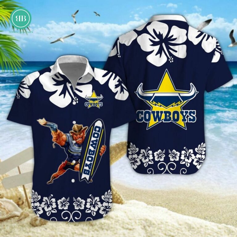 North Queensland Cowboys Surfboard Hibiscus Hawaiian Shirt