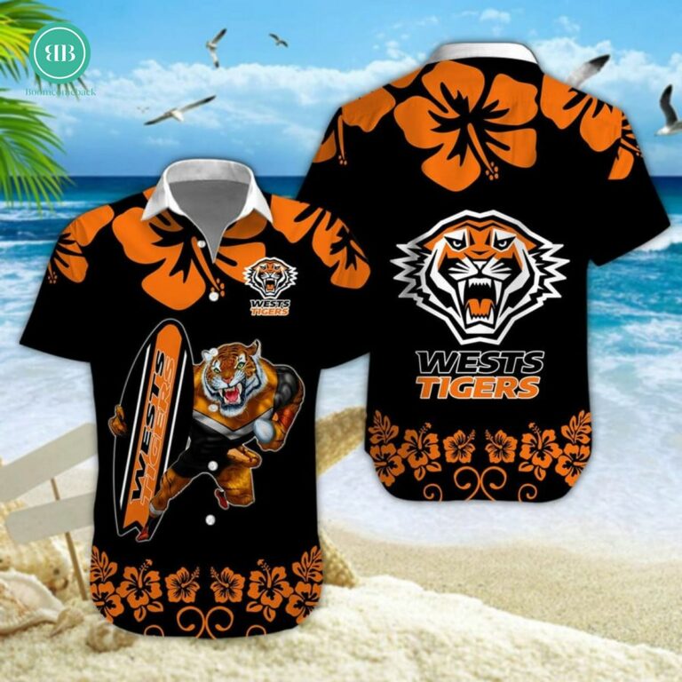 Wests Tigers Surfboard Hibiscus Hawaiian Shirt
