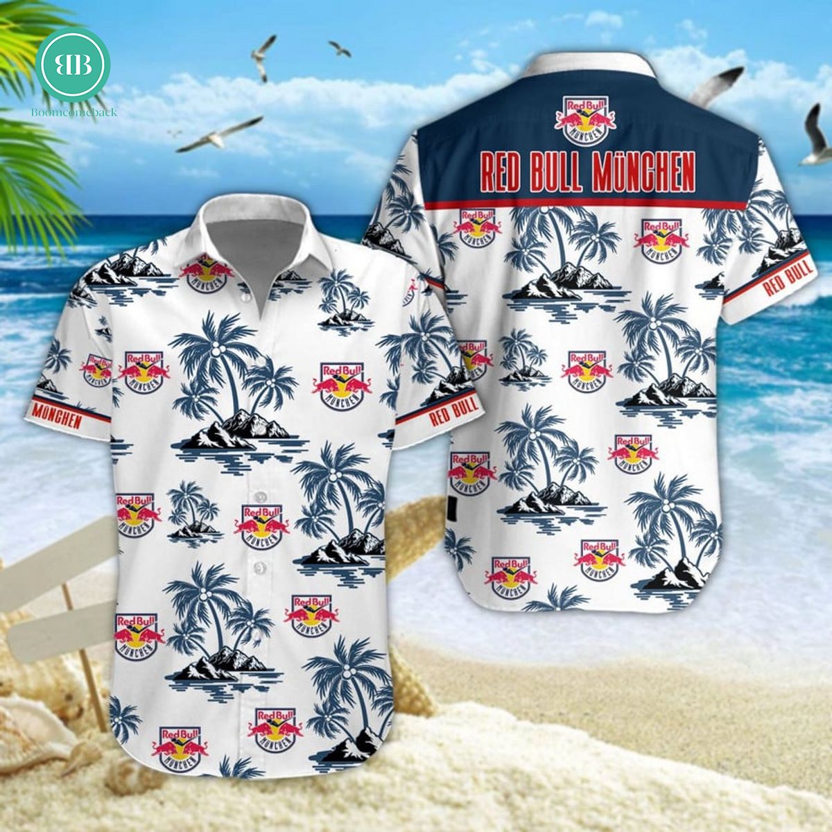 HOT DESIGN EHC Red Bull Munchen Palm Tree Island Hawaiian Shirt