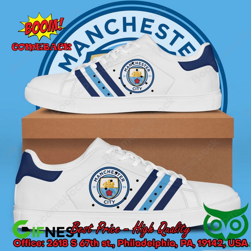 Manchester City FC Navy And Blue Stripes Adidas Stan Smith Shoes