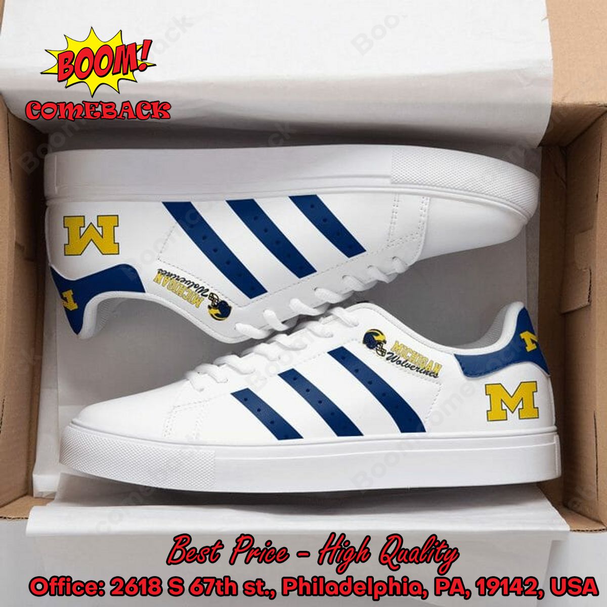 LIMITED DESIGN NCAA Wolverines Navy Stripes Style Adidas Stan Smith Shoes