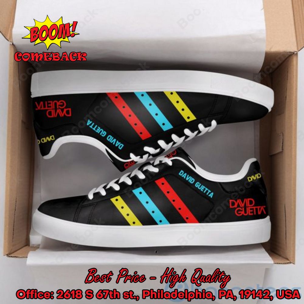 David Guetta DJ Red Aqua Blue Yellow Stripes Adidas Stan Smith Shoes