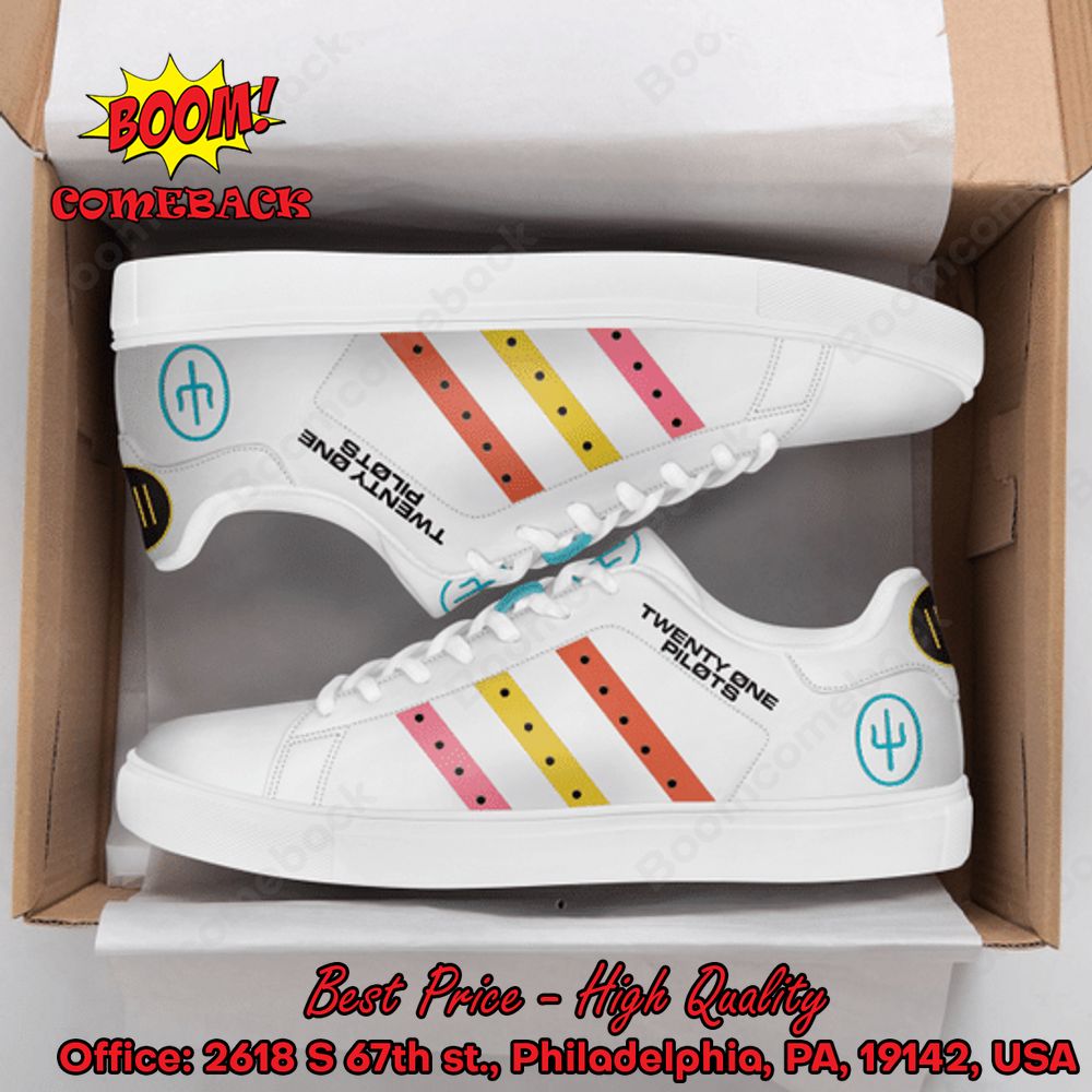 Twenty One Pilots Red Yellow Pink Stripes Adidas Stan Smith Shoes