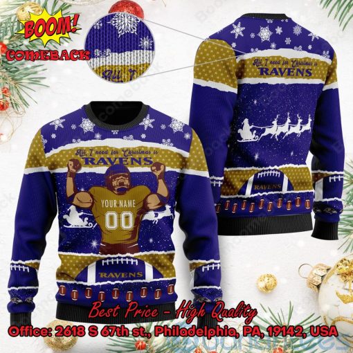 Baltimore Ravens All I Need For Christmas Is Ravens Custom Name Number Ugly Christmas Sweater