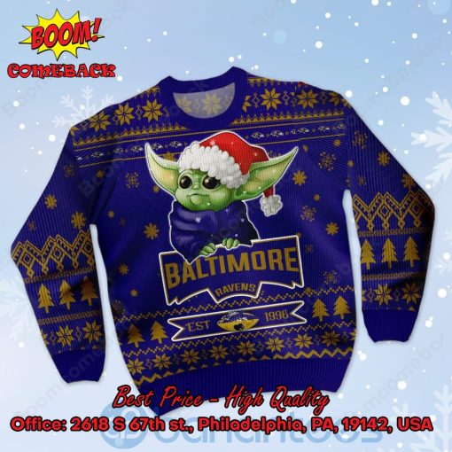 Baltimore Ravens Baby Yoda Santa Hat Ugly Christmas Sweater