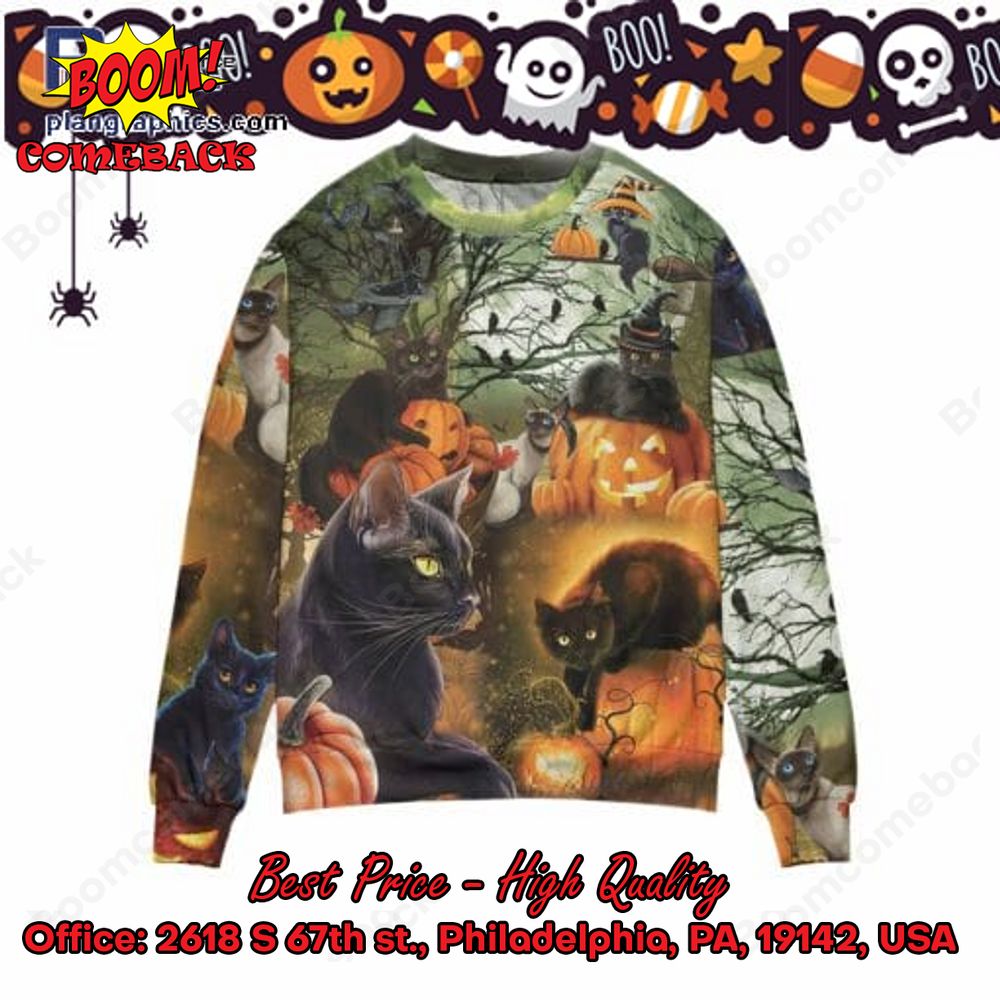 Black Cat And Pumpkins Halloween Ugly Christmas Sweater