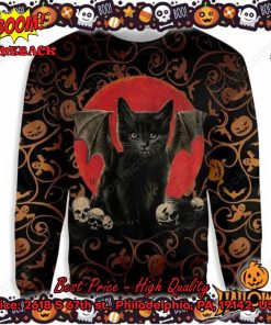 Black Cat Bat Wing Skull Halloween Ugly Christmas Sweater