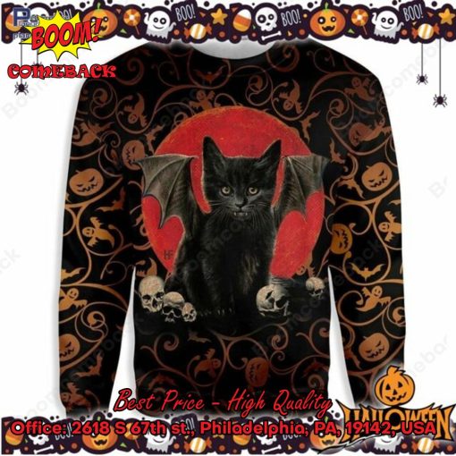 Black Cat Bat Wing Skull Halloween Ugly Christmas Sweater