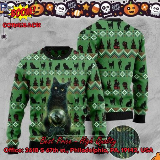 Black Cat Crystal Ball Halloween Ugly Christmas Sweater