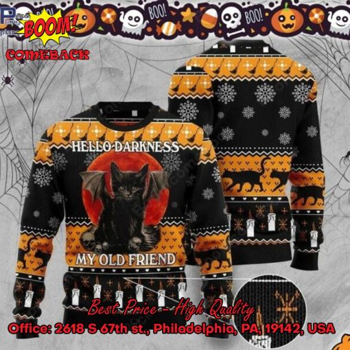 Black Cat Hello Darkness My Old Friend Halloween Ugly Christmas Sweater
