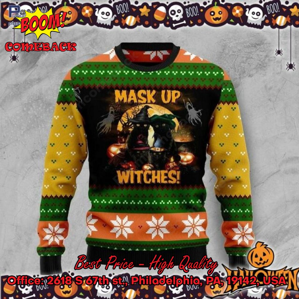 Black Cat Mask Up Witches Halloween Ugly Christmas Sweater