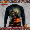 Black Cat Riding Witch’s Broom Halloween Christmas Sweater