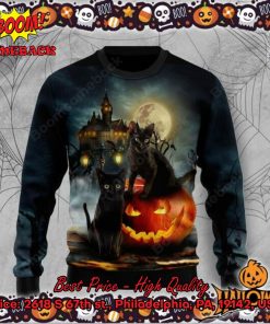 Black Cat Pumpkin Castle Halloween Ugly Christmas Sweater