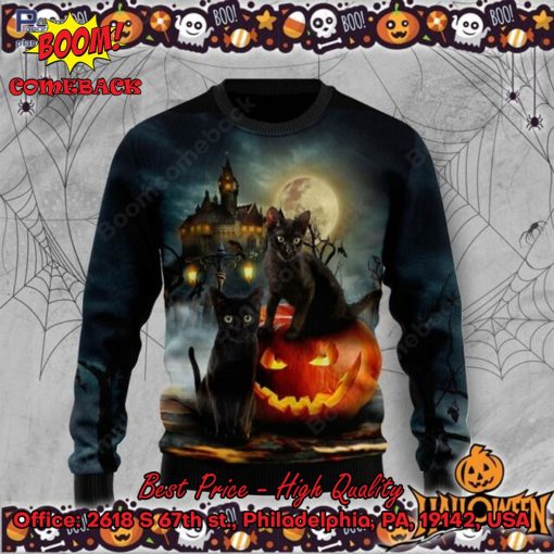Black Cat Pumpkin Castle Halloween Ugly Christmas Sweater
