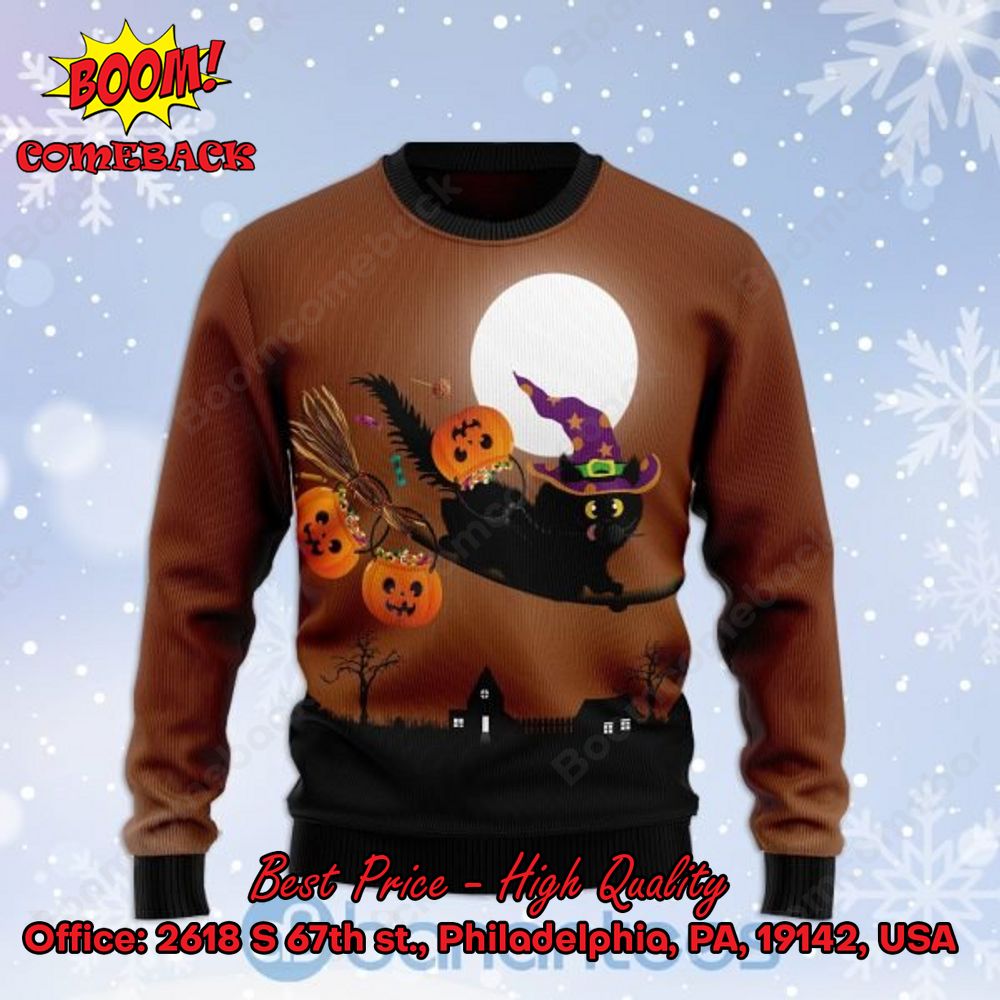 Black Cat Riding Witch's Broom Halloween Christmas Sweater