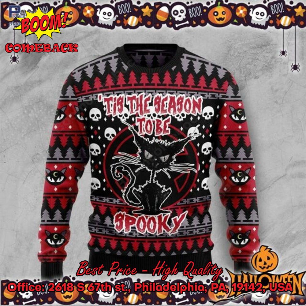 Black Cat 'Tis The Season To Be Spooky Halloween Ugly Christmas Sweater