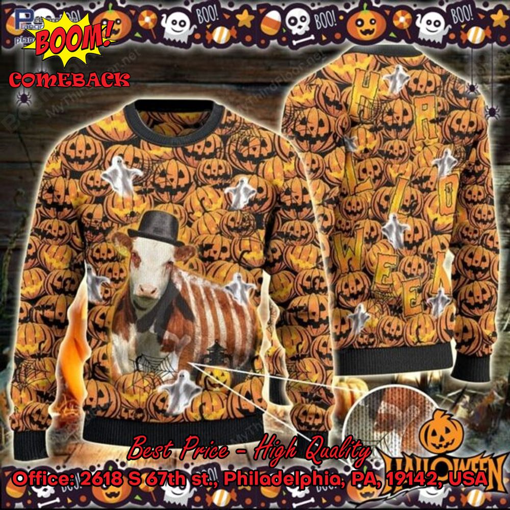 Creepy Hereford Cattle Halloween Ugly Christmas Sweater