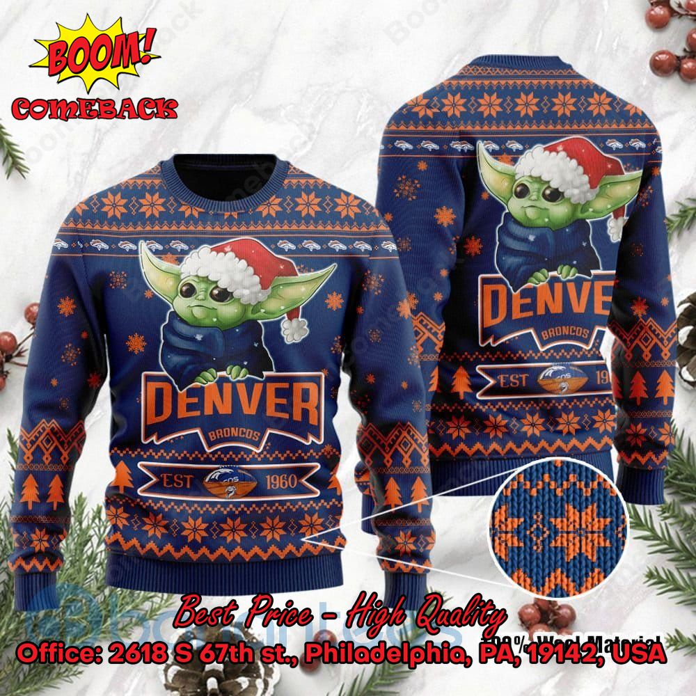 Denver Broncos Baby Yoda Santa Hat Ugly Christmas Sweater
