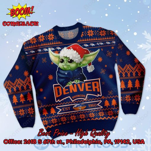 Denver Broncos Baby Yoda Santa Hat Ugly Christmas Sweater