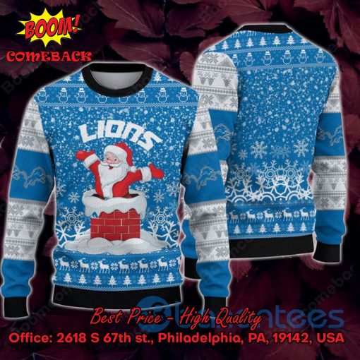 Detroit Lions Happy Santa Claus On Chimney Ugly Christmas Sweater