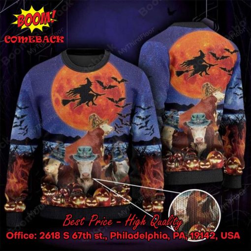 Hereford Cattle Witch Moon Halloween Ugly Christmas Sweater