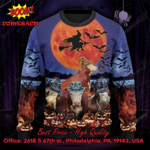 Hereford Cattle Witch Moon Halloween Ugly Christmas Sweater