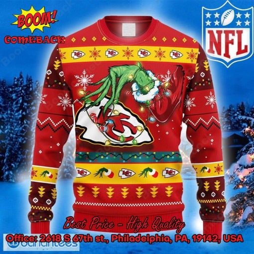 Kansas City Chiefs Grinch Hand Christmas Light Ugly Christmas Sweater