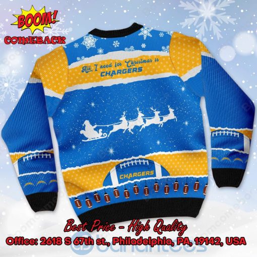 Los Angeles Chargers All I Need For Christmas Is Chargers Custom Name Number Ugly Christmas Sweater