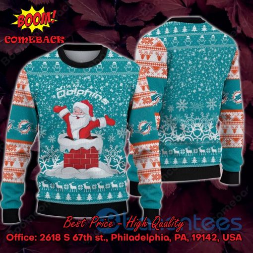 Miami Dolphins Happy Santa Claus On Chimney Ugly Christmas Sweater