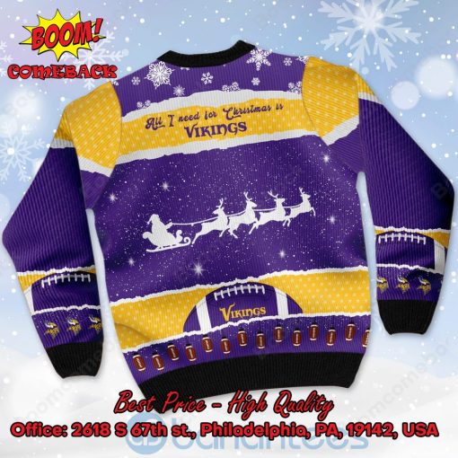 Minnesota Vikings All I Need For Christmas Is Vikings Custom Name Number Ugly Christmas Sweater