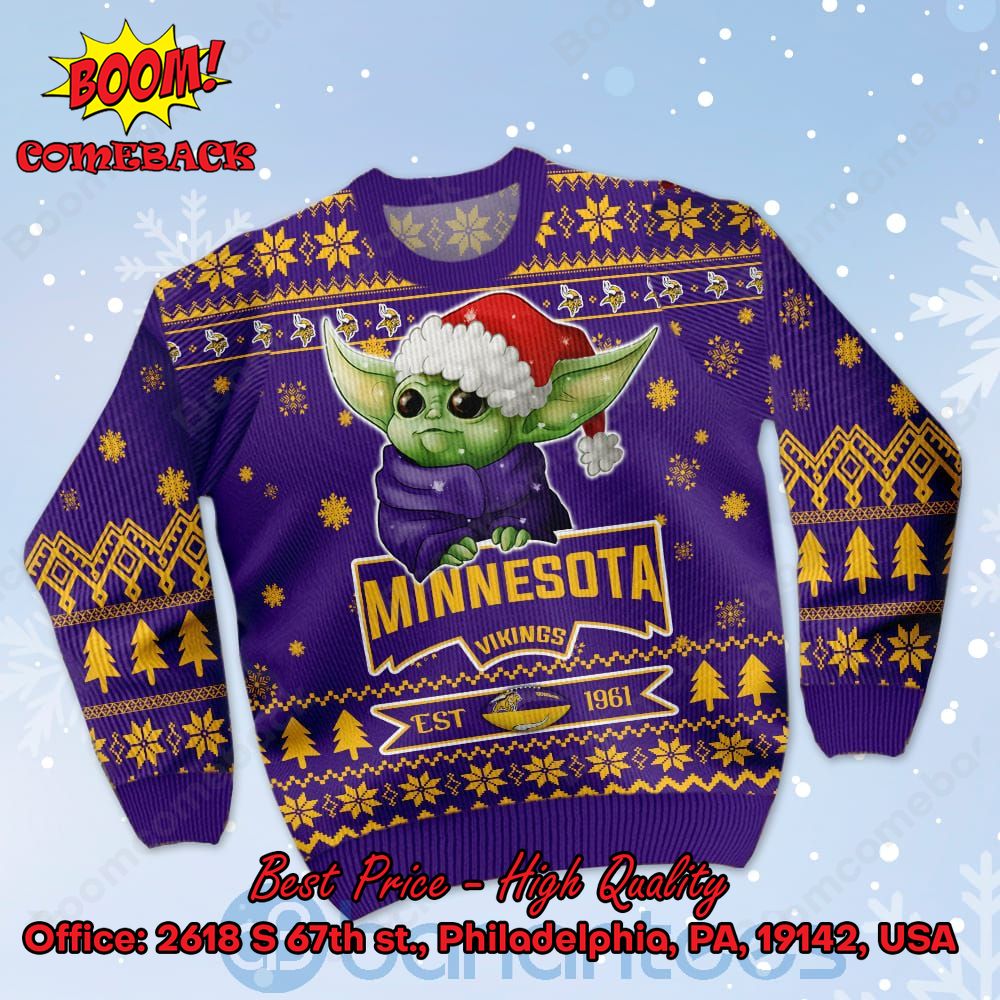 LIMITED DESIGN Minnesota Vikings Baby Yoda Santa Hat Ugly Christmas Sweater
