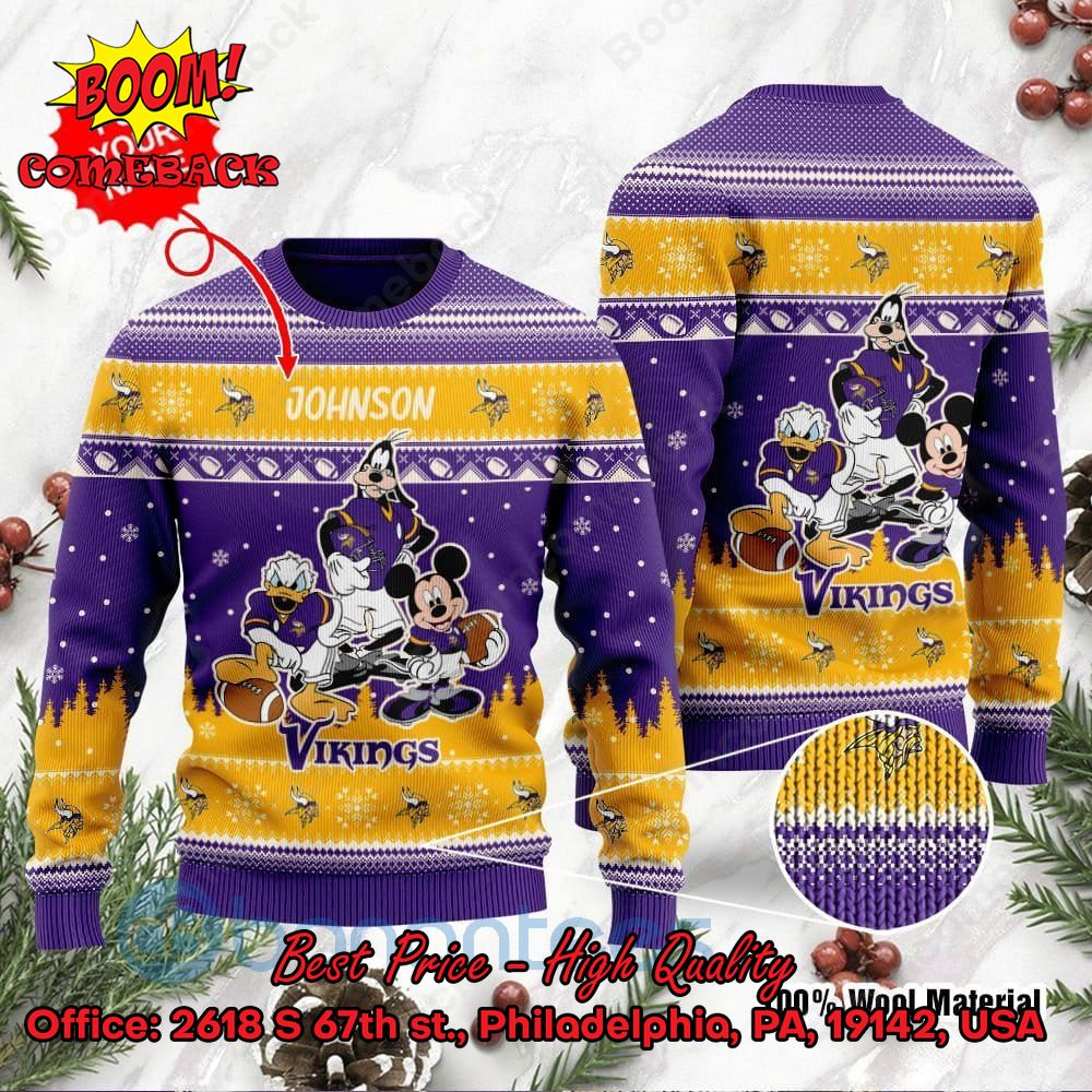 Minnesota Vikings Disney Characters Personalized Name Ugly Christmas Sweater