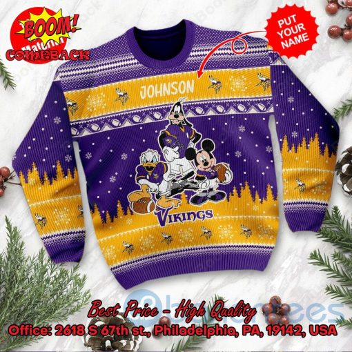 Minnesota Vikings Disney Characters Personalized Name Ugly Christmas Sweater