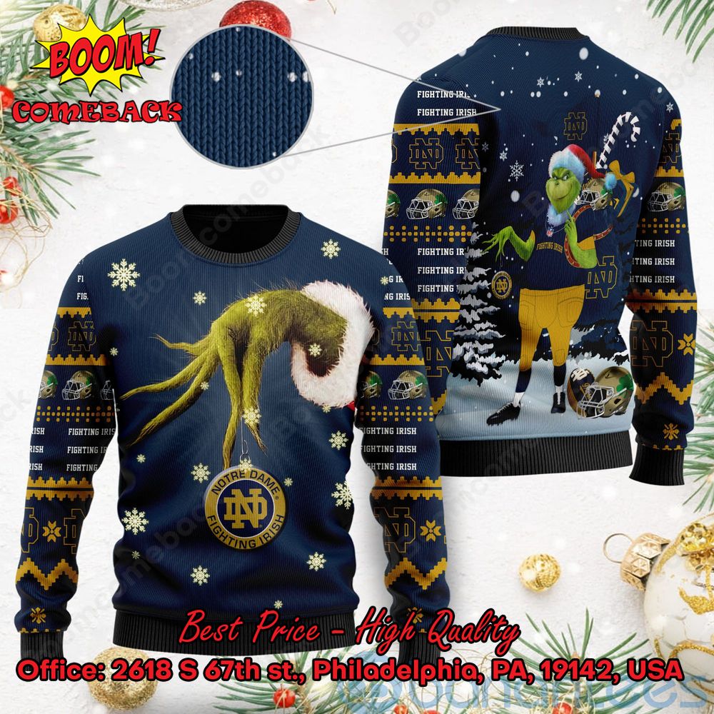 Notre Dame Fighting Irish Grinch Candy Cane Ugly Christmas Sweater