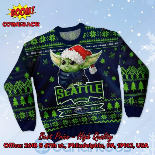 Seattle Seahawks Baby Yoda Santa Hat Ugly Christmas Sweater
