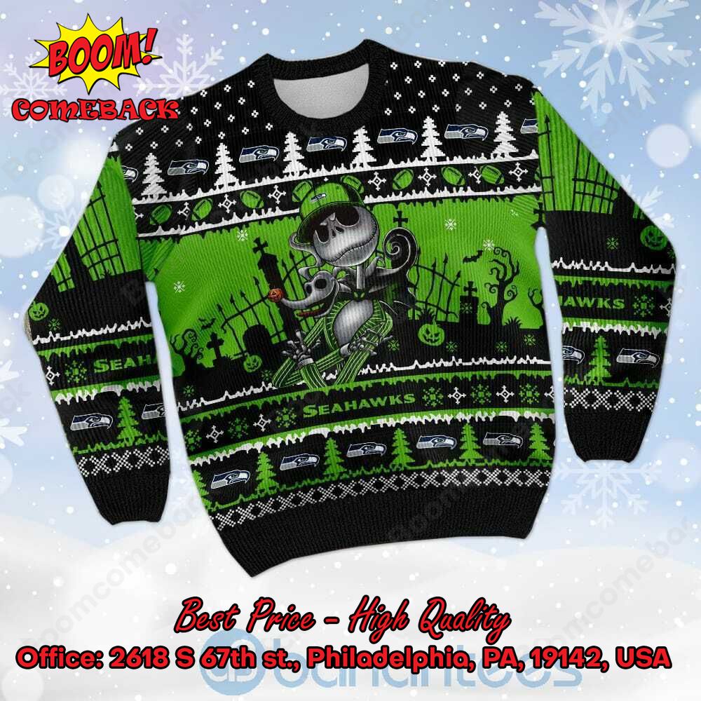 LIMITED DESIGN Seattle Seahawks Jack Skellington Halloween Ugly Christmas  Sweater