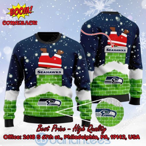 Seattle Seahawks Santa Claus On Chimney Personalized Name Ugly Christmas Sweater
