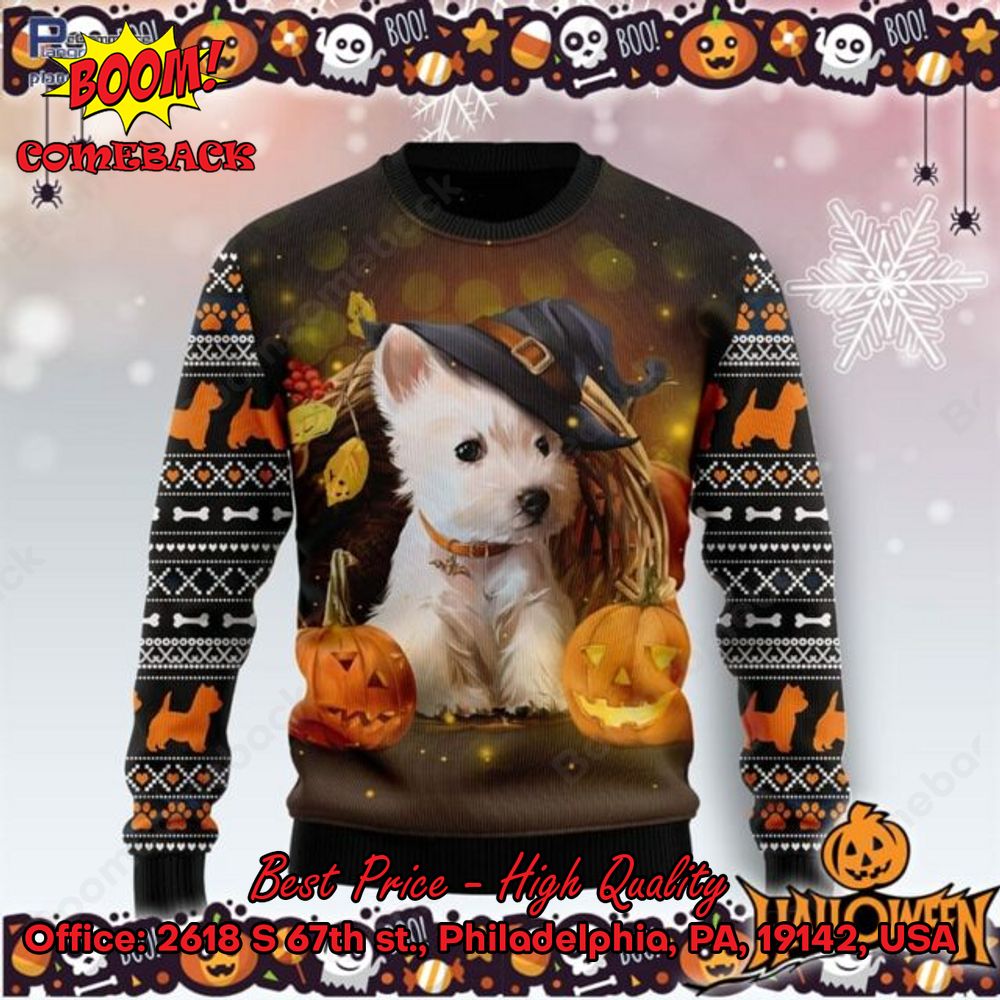 West Highland White Terrier Witch Hat Halloween Ugly Christmas Sweater