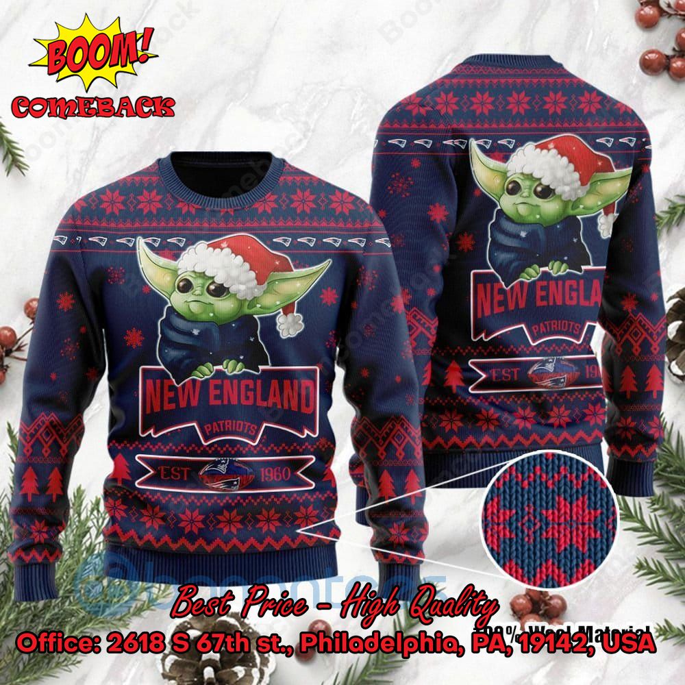 New England Patriots Baby Yoda Santa Hat Ugly Christmas Sweater