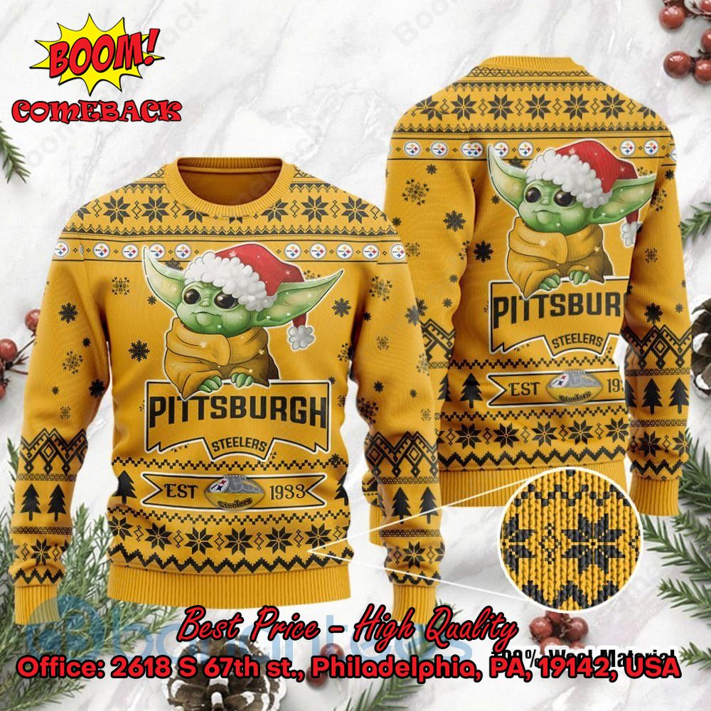 Pittsburgh Steelers Baby Yoda Santa Hat Ugly Christmas Sweater