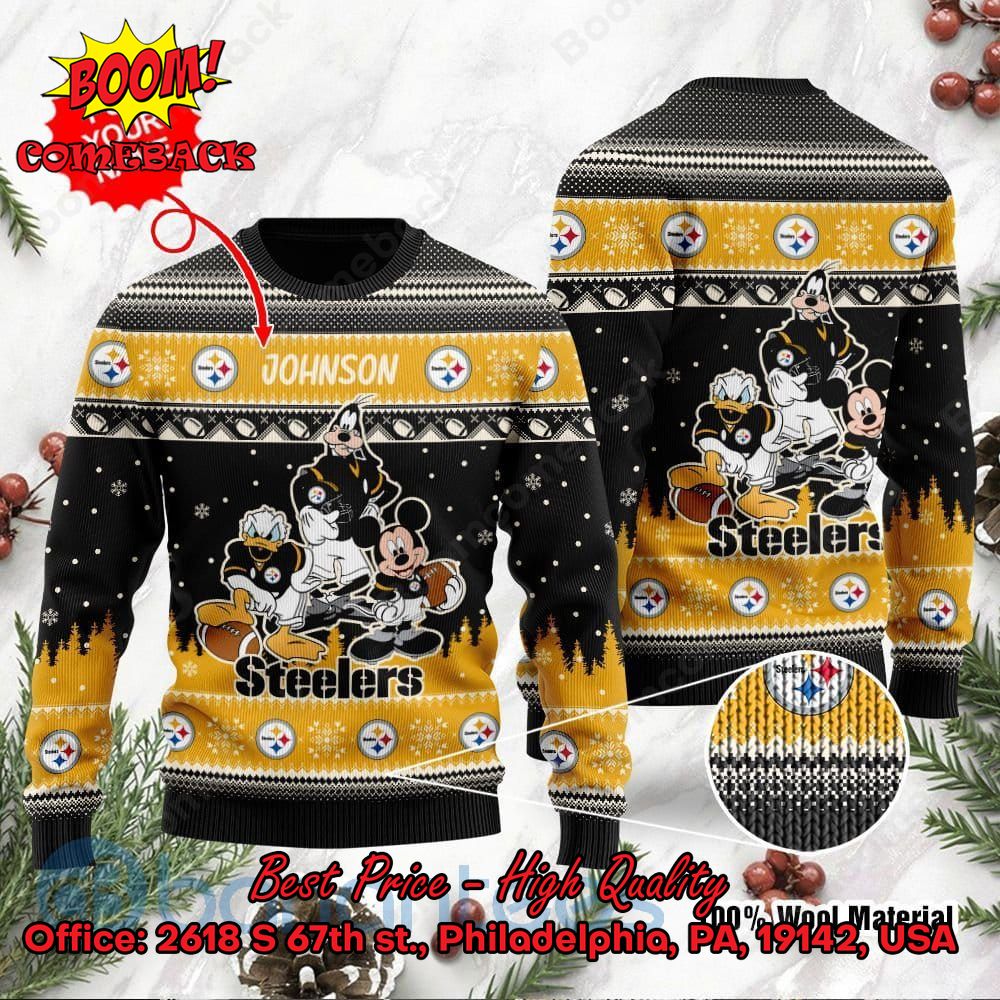 Pittsburgh Steelers Disney Characters Personalized Name Ugly Christmas Sweater