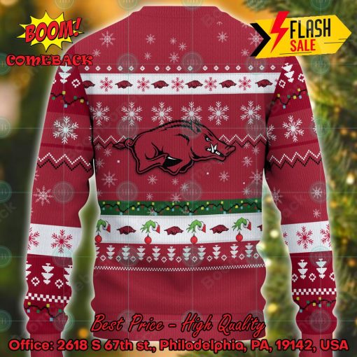 NCAA Arkansas Razorbacks Grinch Hand Christmas Light Ugly Christmas Sweater