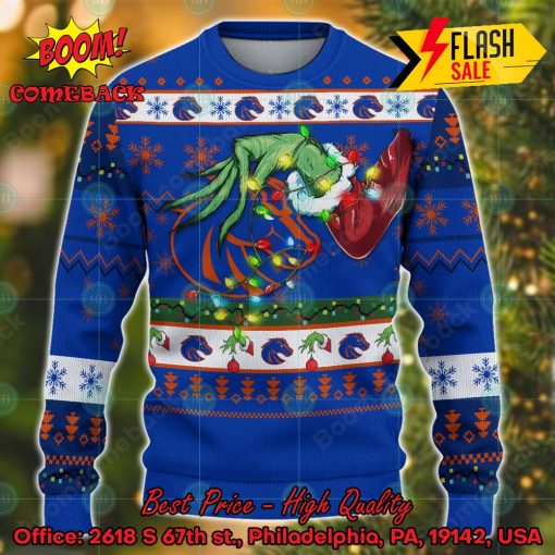 NCAA Boise State Broncos Grinch Hand Christmas Light Ugly Christmas Sweater