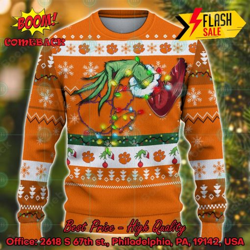 NCAA Clemson Tigers Grinch Hand Christmas Light Ugly Christmas Sweater